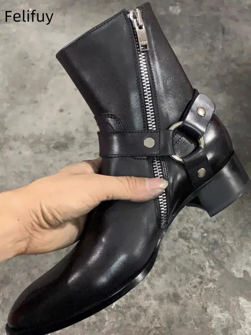 Freshova™ Handmade Genuine Leather Pointed Toe Motorcycle Ankle Boots – Male Casual Buckle Shoes Sapato Botas 3