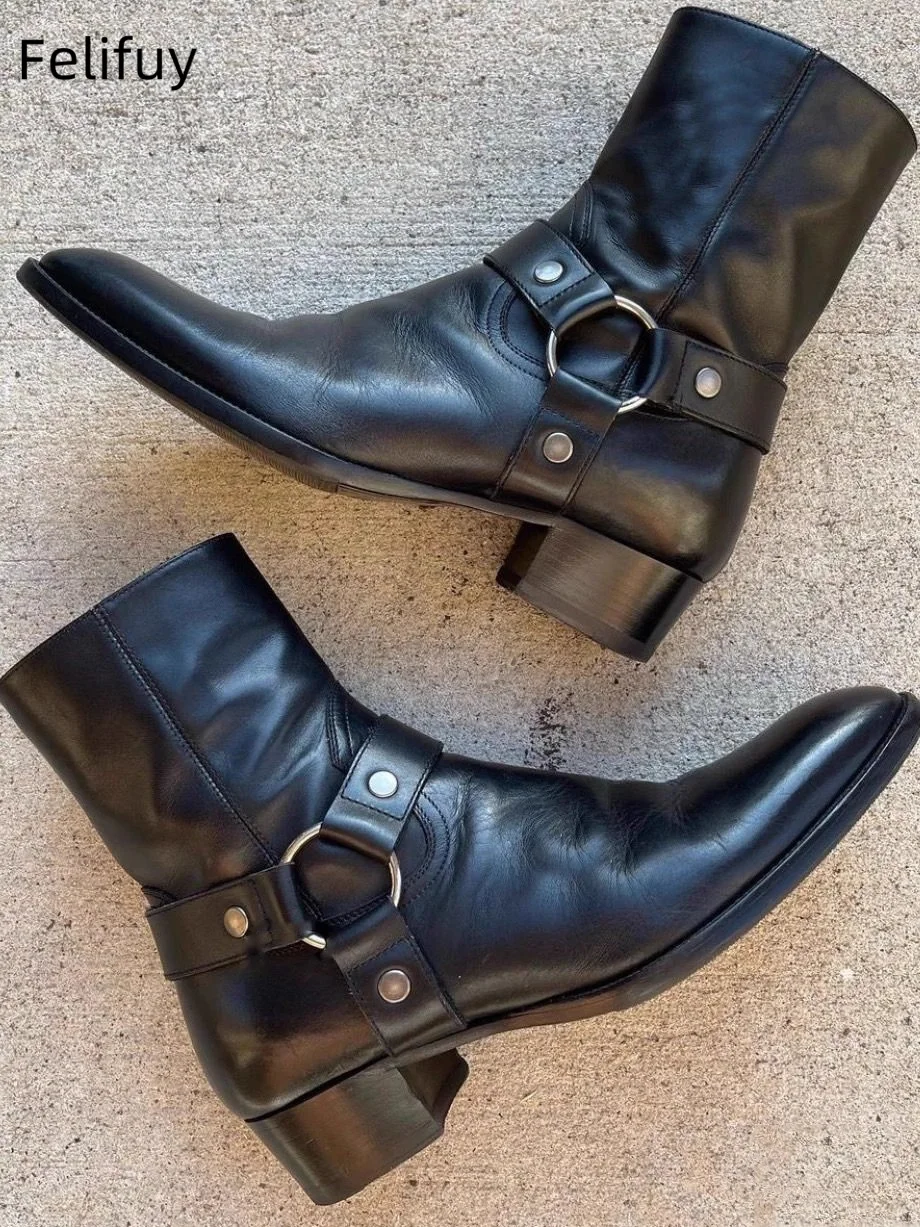 Freshova™ Handmade Genuine Leather Pointed Toe Motorcycle Ankle Boots – Male Casual Buckle Shoes Sapato Botas 1