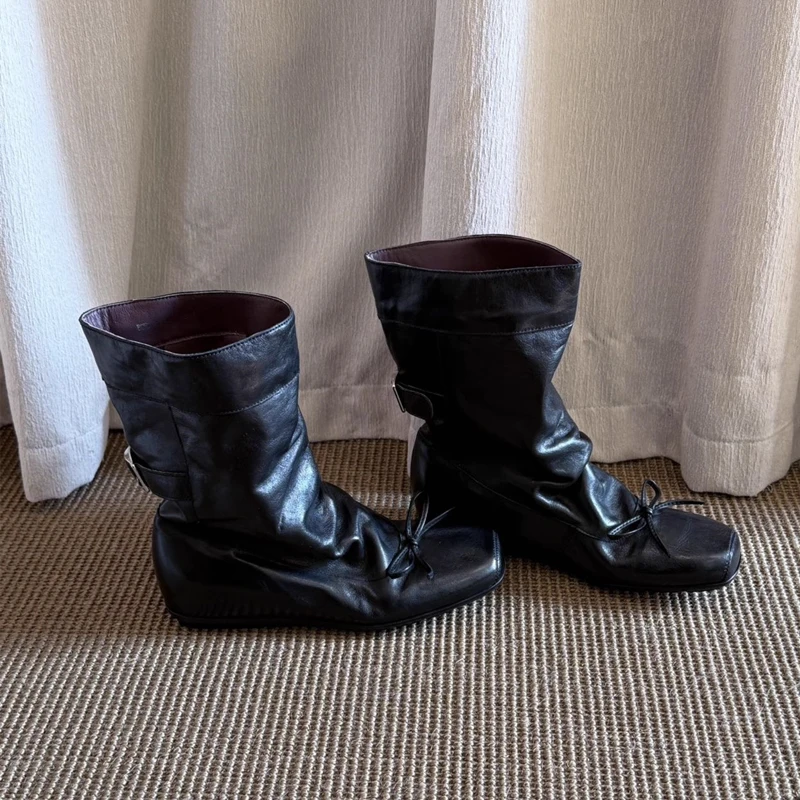 BANFANG Women's Boots 4.5cm Autumn Winter New Bow Buckle Shoes Fashion Brand Design High Quality Short Boots For Woman 4