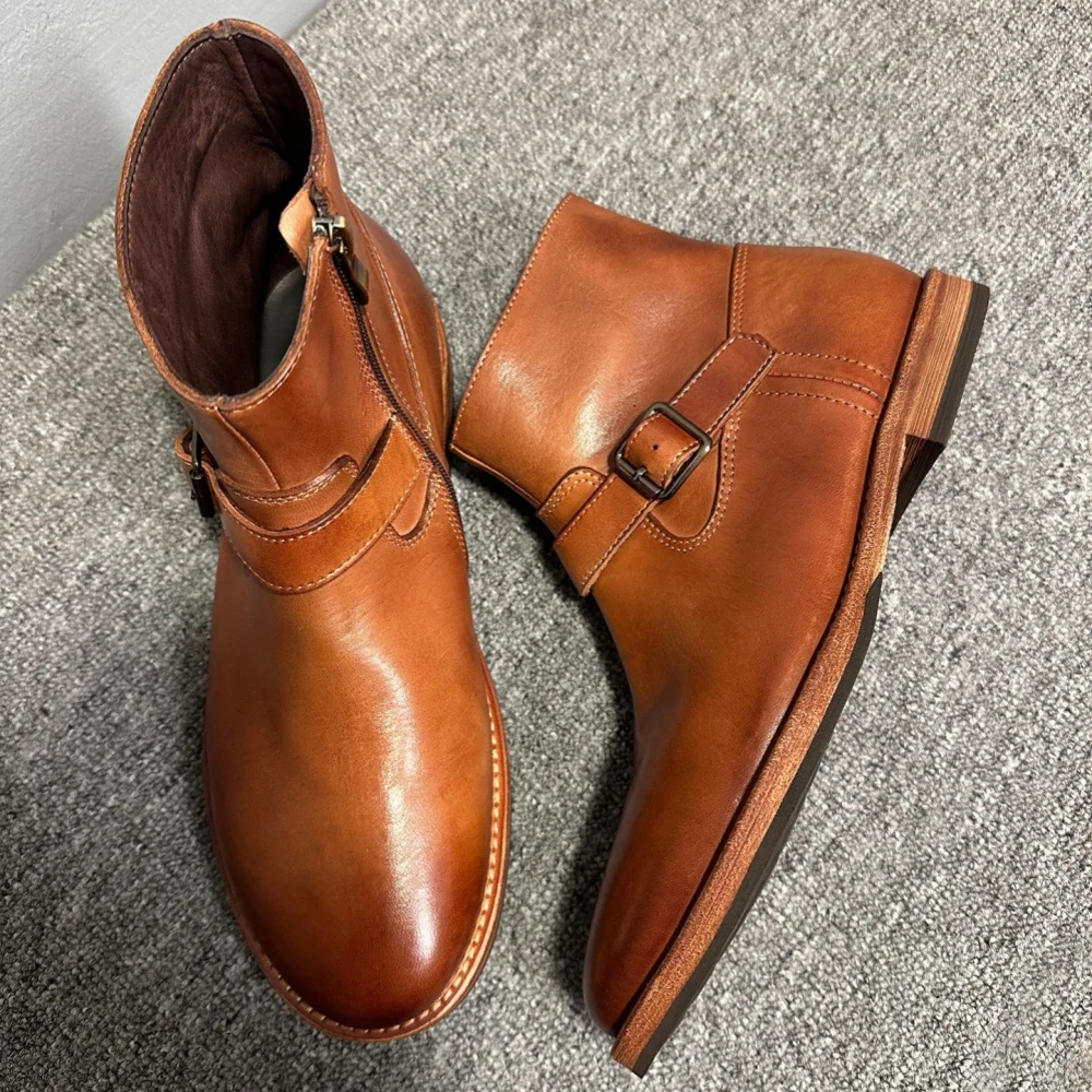 Freshova™ 21108 Men’s Genuine Leather Business Chelsea Boots – Handmade Zip Ankle Boots with Buckle Detai 2