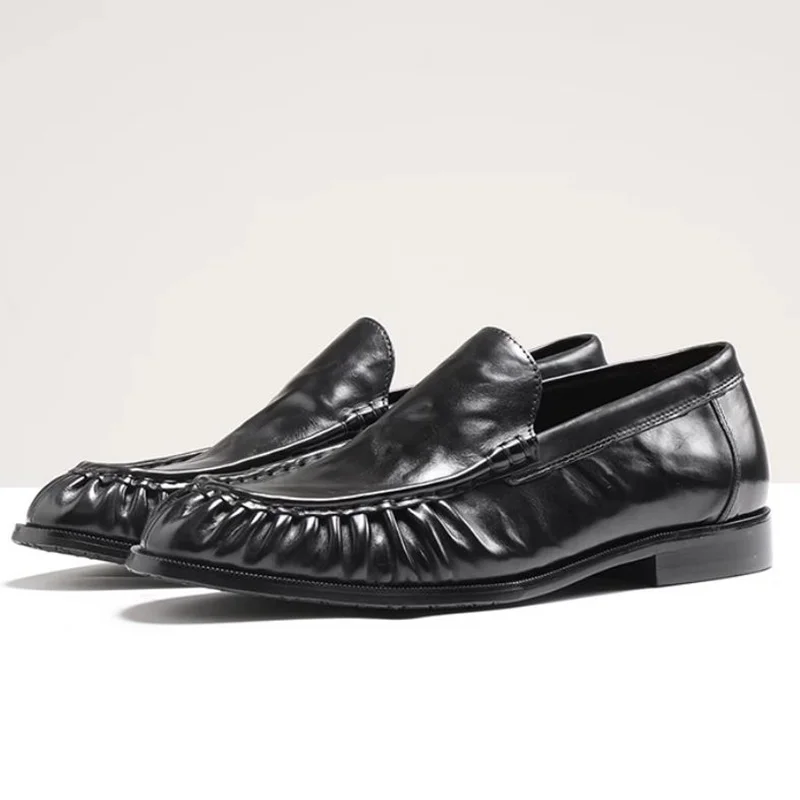 Top-layer Cowhide Hand-grip Pattern Craftsmanship Sheepskin Lining slip-on Casual Leather Shoes Man Soft Loafers Dress Shoes 1